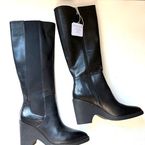 AEROSOLES Memphis Wedge Knee High Boot BLACK 8.5 Comfort Elastic Genuine Leather - Picture 3 of 15